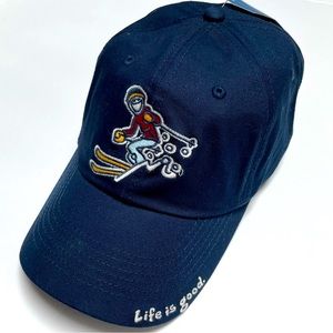 Life is good. Navy Blue Baseball Cap With Embroidered Ski Design And Logo
